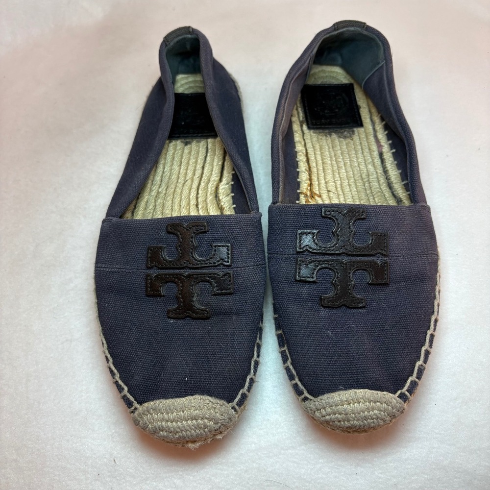 Tory Burch Navy Blue Canvas Espadrille Flats Leather Logo Size 7